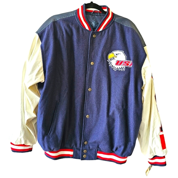 NEW Steve & Barry's Patriotic USA American Flag Eagle Leather Varsity Jacket L - Picture 2 of 16